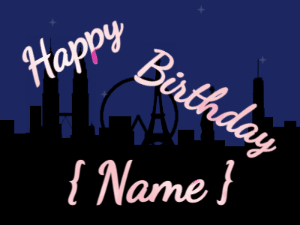 Happy Birthday GIF:City fireworks of hearts. Fonts cursive & cursive, & a pink texture