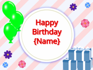 Happy Birthday GIF:green Balloons, blue gift boxes, red text