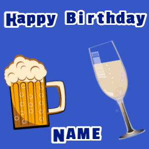 Happy Birthday GIF, birthday-11271 @ Editable GIFs, Birthday gif, mug & champagne, hearts fireworks, cursive text on blue