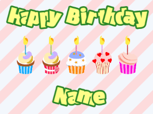Happy Birthday GIF:Cupcakes for Birthday,stripes background,beige & green text