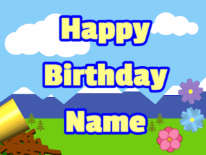 Happy Birthday GIF:Horn, hearts, mountains, block, yellow, blue