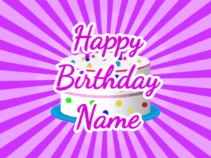 Happy Birthday GIF:purple sunburst,candy cake, purple text