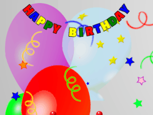 Happy Birthday GIF:chocolate Cake, flying mix on a balloon background