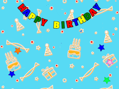 Happy Birthday GIF, birthday-1134 @ Editable GIFs, candy Cake, flying hearts on a blue decor background