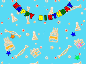 Happy Birthday GIF:candy Cake, flying hearts on a blue decor background