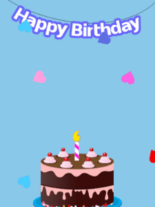Happy Birthday GIF:Blue birthday GIF with a chocolate cake and hearts