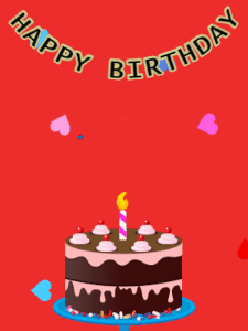 Happy Birthday GIF:Birthday GIF,chocolate cake,red background,hearts & hearts