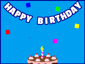 Happy Birthday GIF:A chocolate cake on blue with blue border & falling stars
