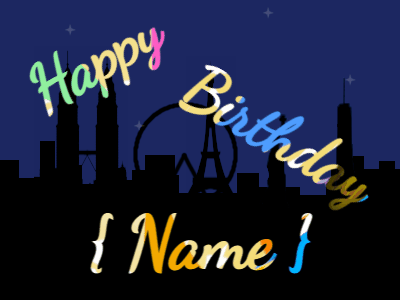 Happy Birthday GIF, birthday-11461 @ Editable GIFs, City fireworks of hearts. Fonts cursive & cursive, & a party colors texture