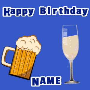 Happy Birthday GIF, birthday-11471 @ Editable GIFs, Birthday gif, mug & champagne, stars fireworks, cursive text on blue