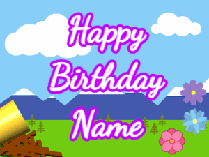 Happy Birthday GIF:Horn, confetti, mountains, cursive, white, purple