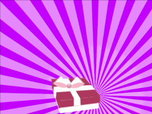 Happy Birthday GIF:burgundy Gift box, purple sunburst, flowers & cursive