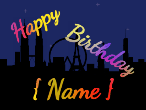 Happy Birthday GIF:City fireworks of mix. Fonts cursive & cursive, & a rainbow texture