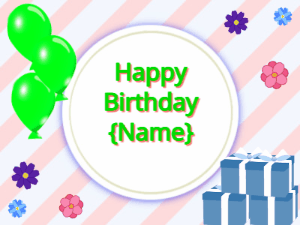 Happy Birthday GIF:green Balloons, blue gift boxes, green text