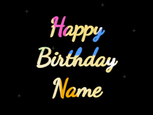 Happy Birthday GIF:colored fireworks,cream cake, cursive font, party colors animation