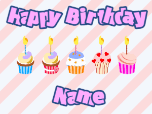 Happy Birthday GIF:Cupcakes for Birthday,stripes background,purple & navy text