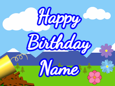 Happy Birthday GIF, birthday-11684 @ Editable GIFs, Horn, confetti, mountains, cursive, white, blue