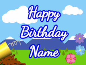 Happy Birthday GIF:Horn, confetti, mountains, cursive, white, blue