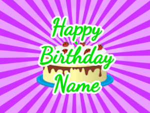 Happy Birthday GIF:purple sunburst,cream cake, green text