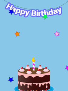 Happy Birthday GIF:Blue birthday GIF with a chocolate cake and stars