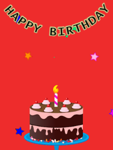 Happy Birthday GIF:Birthday GIF,chocolate cake,red background,stars & stars