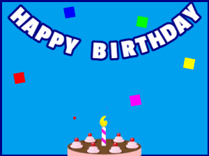 Happy Birthday GIF:A chocolate cake on blue with blue border & falling squares