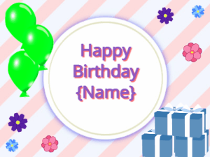 Happy Birthday GIF:green Balloons, blue gift boxes, purple text