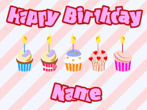 Happy Birthday GIF:Cupcakes for Birthday,stripes background,purple & red text