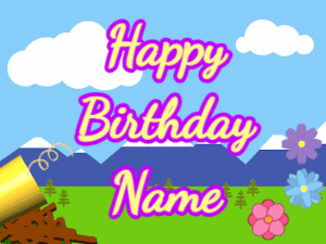 Happy Birthday GIF:Horn, confetti, mountains, cursive, yellow, purple