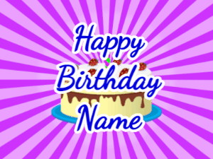 Happy Birthday GIF:purple sunburst,cream cake, blue text