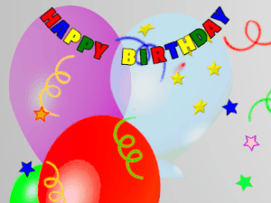 Happy Birthday GIF:fruity Cake, flying flares on a balloon background
