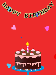 Happy Birthday GIF:Birthday GIF,chocolate cake,red background,stars & hearts