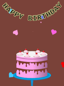 Happy Birthday GIF:Birthday GIF,pink cake,brown background,stars & hearts