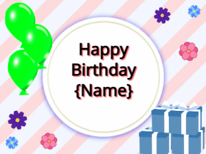 Happy Birthday GIF:green Balloons, blue gift boxes, black text