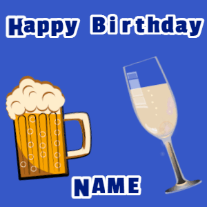 Happy Birthday GIF, birthday-12071 @ Editable GIFs, Birthday gif, mug & champagne, stars fireworks, cursive text on blue