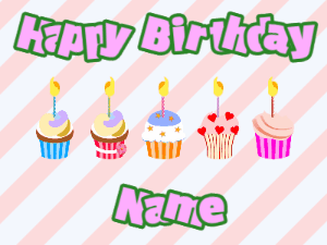 Happy Birthday GIF:Cupcakes for Birthday,stripes background,purple & green text