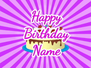 Happy Birthday GIF:purple sunburst,cream cake, purple text