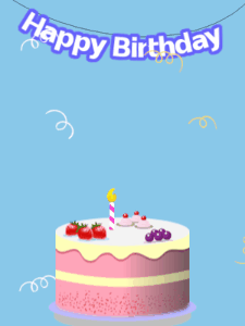 Happy Birthday GIF:Blue birthday GIF with a fruity cake and hearts