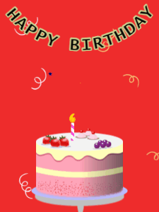 Happy Birthday GIF:Birthday GIF,fruity cake,red background,hearts & confetti
