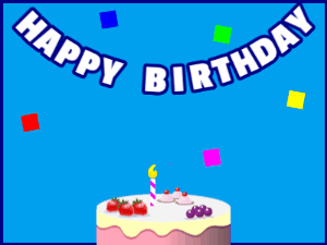 Happy Birthday GIF:A fruity cake on blue with blue border & falling hearts