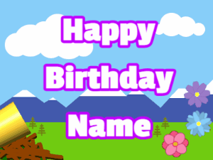 Happy Birthday GIF:Horn, confetti, mountains, block, white, purple