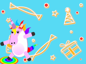 Happy Birthday GIF:Dabbing Unicorn:blue background,blue flowers,pink cake