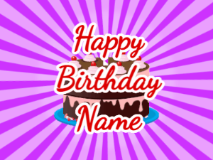 Happy Birthday GIF:purple sunburst,chocolate cake, red text