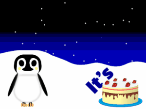 Happy Birthday GIF:Penguin: chocolate cake,pink text,% 3 fireworks