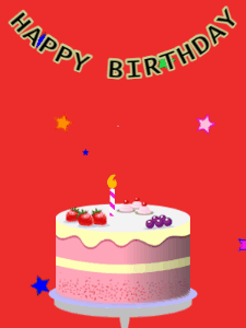 Happy Birthday GIF:Birthday GIF,fruity cake,red background,hearts & stars
