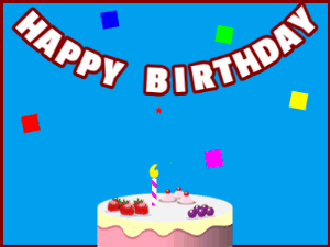 Happy Birthday GIF:A fruity cake on blue with red border & falling hearts