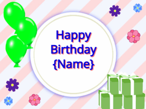 Happy Birthday GIF:green Balloons, green gift boxes, blue text