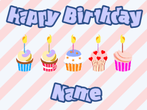 Happy Birthday GIF:Cupcakes for Birthday,stripes background,light blue & navy text