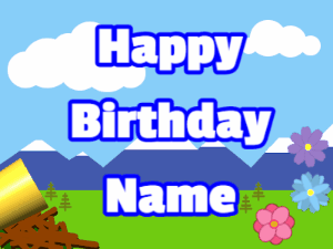 Happy Birthday GIF:Horn, confetti, mountains, block, white, blue