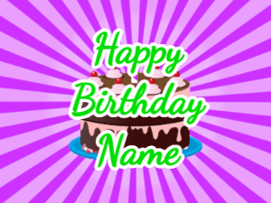 Happy Birthday GIF:purple sunburst,chocolate cake, green text